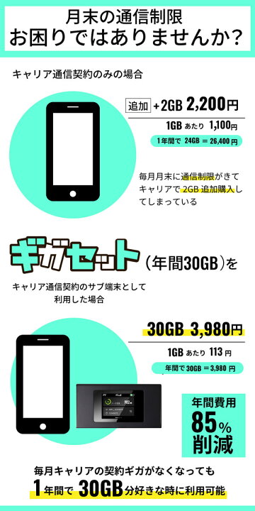 楽天市場】1年間30GB付 ポケット(モバイル)WiFi ギガセット契約不要 