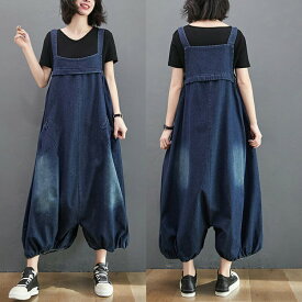 可愛い バルーンサロペット パンツ レディース きれいめ ゆったり バルーンパンツ 丸い 大人可愛い デニムパンツ ロング丈 ポケット サルエルパン 着痩せ 体型カバー デニムサロペット