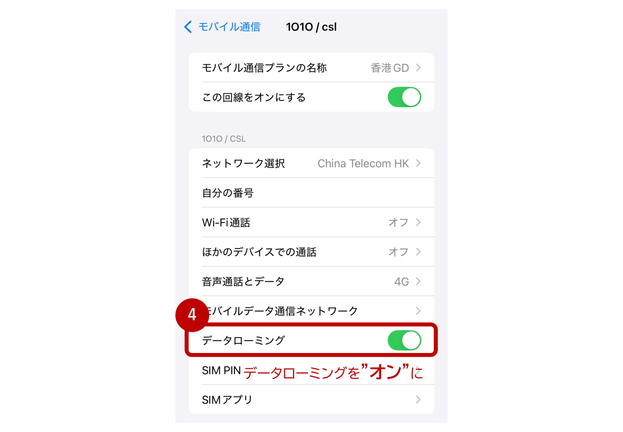 手順６：データローミングをオン