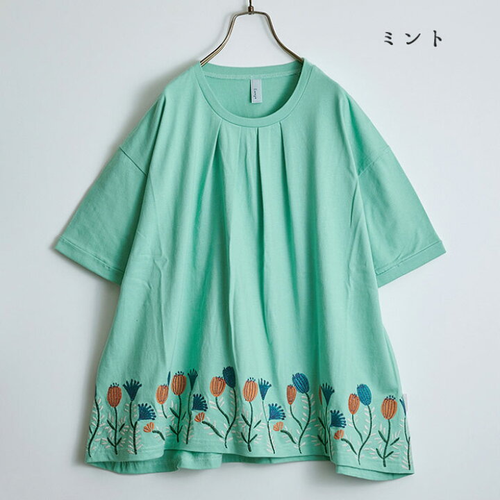 楽天市場】花刺繍タックTシャツ レディース トップス 半袖 大人の 