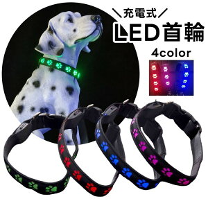 送料無料 首輪 犬用 猫用 LEDライト 光る USB充電式 お散歩グッズ 足あと 肉球 かわいい シンプル 長さ調整可能 ペット用品