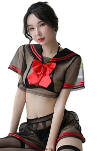 送料無料 セクシーコスチューム 女子高生 レディース 4点セット トップス スカート ブラジャー Tバックショーツ へそ出し シースルー 白 黒 半袖 ミニスカート 女子校生