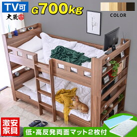 低・高反発両面マットレス2枚付 耐荷重700kg 2段ベッド 二段ベッド TVが置ける 宮付き コンセント付き 大人用 本棚 木製 子供用ベッド すのこベッド シングル 耐震 2段ベット 大蔵大臣-GKI