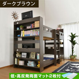 低・高反発両面マットレス2枚付 耐荷重700kg 2段ベッド 二段ベッド TVが置ける 宮付き コンセント付き 大人用 本棚 木製 子供用ベッド すのこベッド シングル 耐震 2段ベット 大蔵大臣-GKI