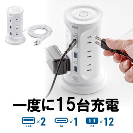 電源タップ タワー型 縦型 USB タイプC コンセント スマホ充電 回転 12個口 2m ホワイト 白 おしゃれ EZ7-TAP075W