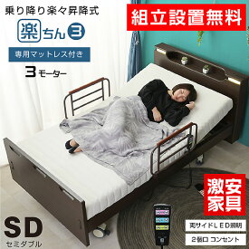 【組立設置付】 介護ベッド 電動ベッド電動ベッド 楽ちん3(セミダブルサイズ) 【介護向け】3モーターベッド 昇降式 電動リクライニングベッド リクライニング 介護ベット インテリア 車椅子| 木製 マット付き 上下運動 マットレス付き