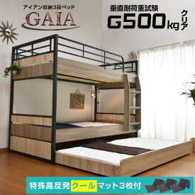 特殊 高反発クールマットレス3枚付 【耐荷重500kg】収納式 3段ベッド 三段ベッド アイアン 大人用 耐震 コンパクト 三段ベット 3段ベット 親子ベッド スライド ロータイプ おしゃれ マットレス付き ガイア-GAIA