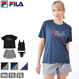 送料無料 レディース 水着 セット FILA フィラ 4点セット セパレート 上下セット 半袖 Tシャツ ショートパンツ タンキニ セット 体型カバー ブランド ロゴ ママ 水着 かわいい スイムウェア 9M 11L 13L 223701