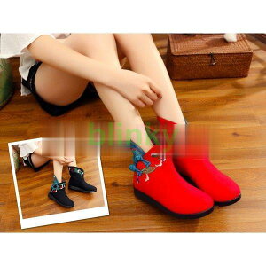 ショートブーツ チャイナブーツ レディースシューズ中華刺繍柄厚底履きやすい北京靴 民族風エスニックカジュアル シューズ 2色