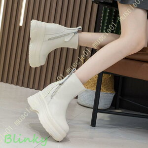 ブーツ フロントジップブーツ チェルシーブーツ 厚底 スリッポン サイドジップ ストーム ユニセックス 黒 厚底 ショート シークレットシューズ 身長アップ 靴