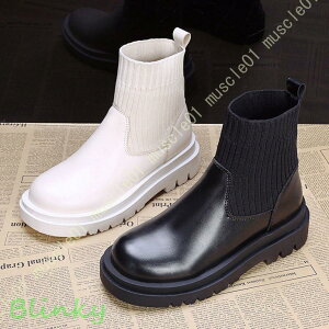 ブーツ スリッポンブーツ ニット チェルシー 厚底 コンビブーツ レディース ショートブーツ 秋冬 春 エレガント 女性らしい 美脚 ヒール 歩きやすい