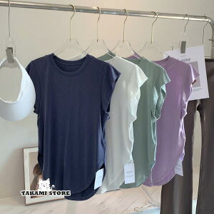 Tシャツ レディース 夏 吸汗速乾 フレンチスリーブ クルーネック 半袖 薄手 無地 スポーツ ヨガウェア 女性 スリム 通気性 きれいめ