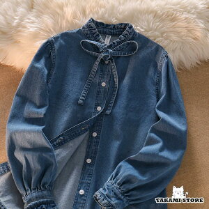 ブラウス レディース トップス シャツ デニム 立ち襟 フリル リボン ボウタイ 長袖 春 春服