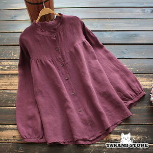 シャツ ブラウス レディース 春 夏 春夏 フォーマル オフィス おしゃれ 麻 無地 スタンドカラ? 長袖 パフスリーブ トップス