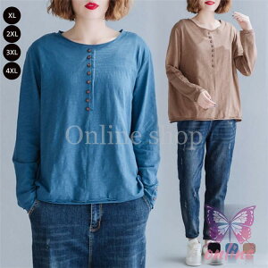 シャツ シャツブラウス トップス プルオーバー レディース 秋 夏 ラウンドネック 長袖 スプライス 無地 綿混 ゆったり 体型カパー カジュアル 30代 40代
