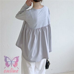 tシャツ ブラウス バックプリーツブラウス 後ろプリーツブラウス レディース トップス プルオーバー プリーツ切り替え 長袖 無地 丸首 可愛い 秋 20代 30代