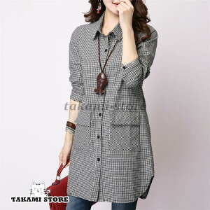 シャツ レディース 春 チェック柄 シャツワンピ 40代 綿麻混 長袖 着痩せ チュニック 通学 体型カバー 30代 通勤 カジュアル トップス 20代