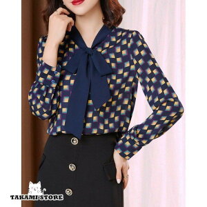 ブラウス ボウタイブラウス レディース トップス 長袖 シャツブラウス 柄シャツ 総柄 きれいめ カジュアル 大きいサイズ 3L 幾何学模様