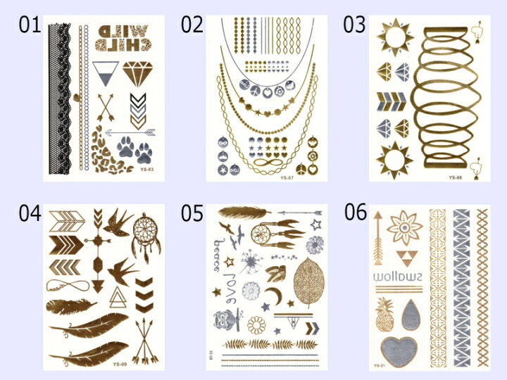 タトゥーシールシャイニングタトゥー.フェス.クラブ.ボディージュエリー.ブレスレットシール.ネックレス.ネイル.ゴールドタトゥーシール.海.プールアソート4枚セット