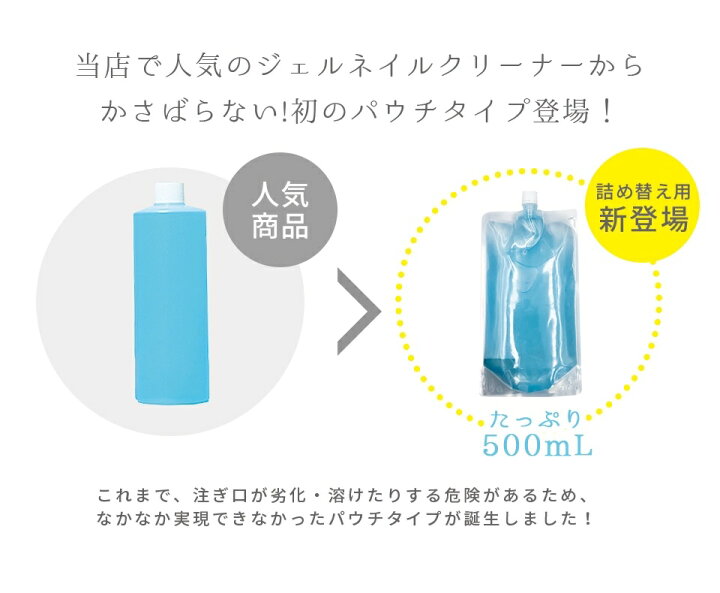 楽天市場】【送料無料】最安値 ジェルクリーナー（クレンザー）500ml入り 詰め替えパック 国産 化粧品登録 クリア ジェル ジェルネイル ネイル  消耗品 お徳用 便利グッズ : プロ愛用ジェルネイル通販 Gelne