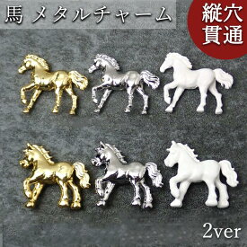 メタルチャーム 馬 2種類 縦穴貫通【一個売り】干支 午 金属チャーム ビーズ パーツ 穴あり 貫通穴 合金製 ゴールド シルバー ホワイト 運気アップ 開運 勝負運 商売運 商売繁盛 出世 交通安全 物事がうまくいく 馬九行久 神馬 絵馬 カラーストーン