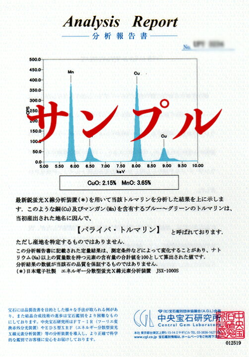 楽天市場】パライバ分析鑑別書作成・中央宝石研究所発行（当店ご購入 
