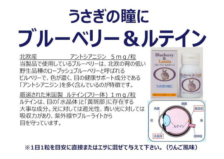 楽天市場】うさぎの瞳に うさぎ用 ブルーベリールテイン 60粒(約60日分) ウサギ サプリメント うさぎ専用サプリ アニマストラス 日本ビーエフ サプリ【BF】 : スペシャリティーショップ デイ 楽天市場】うさぎの瞳に うさぎ用 ブルーベリールテイン 60粒(約60日分) ウサギ サプリメント うさぎ専用サプリ アニマストラス 日本ビーエフ サプリ【BF】 : スペシャリティーショップ デイ