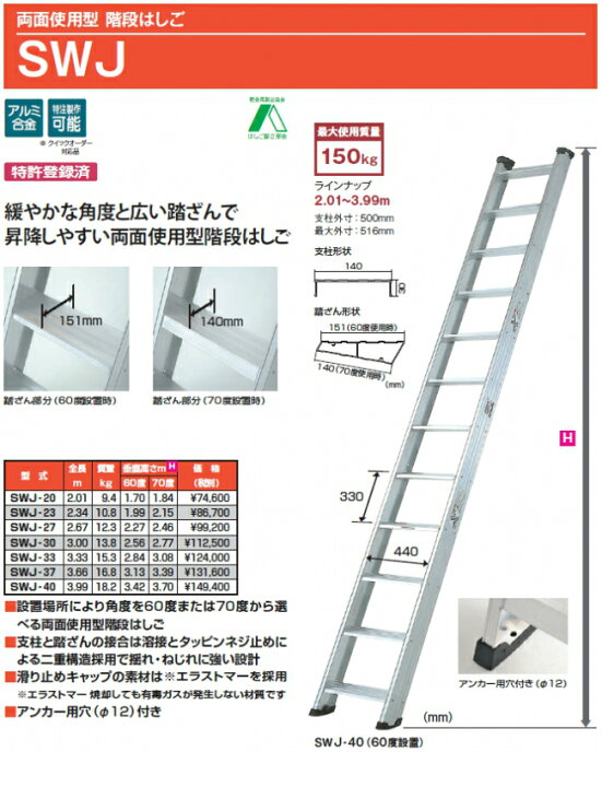 楽天市場】ピカ 両面使用型階段はしご SWJ-33 全長3.33m 昇降しやすい 