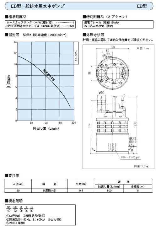 楽天市場】荏原ポンプ 水中ポンプ 小型 汚水 土砂水 一般工事用 排水 