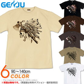 GENJU スカルTシャツ キッズ 21夏秋 インディアン スカル Tシャツ tシャツ skull 鷲 鷹 子供服 KIDS アメカジ 綿100％ 半袖 ブランド Native Spirits ブラック ホワイト カーキ ブラウン 90 100 110 120 130 140 90-140cm