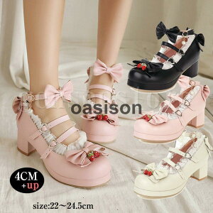 ロリータ靴 フリル パンプス ゴスロリ系 太ヒール スクール靴 スクールシューズ 厚底 美脚 ストラップ リボン付き レース おしゃれ 可愛い 疲れない