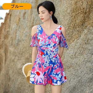 2024リニューアル!【UVカット/耐塩素加工/360°伸びる/吸汗速乾/ワンピース】 レディース 水着 ワンピース 耐久性 女の子 女子 水着 オフショルダー トップス ショットパンツ ショットスカート