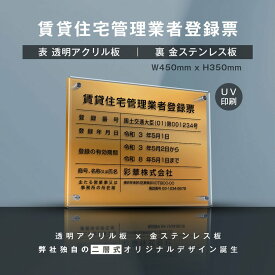 【新商品】【賃貸住宅管理業者登録票】(透明アクリル×金ステンレス) W45cm×H35cm お洒落な二層式 法定サイズ UV印刷加工 選べる4書体 宅建 業者票 不動産 許可書 業者看板 業者プレート 業者票 登録看板 登録プレート ［gs-pl-pdzz-t-gold］