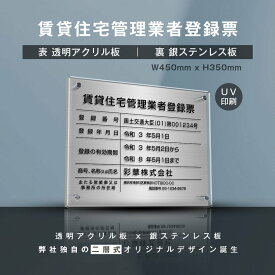 新商品【賃貸住宅管理業者登録票】(透明アクリル×銀ステンレス) W45cm×H35cm お洒落な二層式 法定サイズ 業者看板 業者プレート 業者票 登録看板 選べる4書体 宅建 業者票 運搬業 運搬業者票 許可書 事務所 法定看板 看板［gs-pl-pdzz-t-sil］