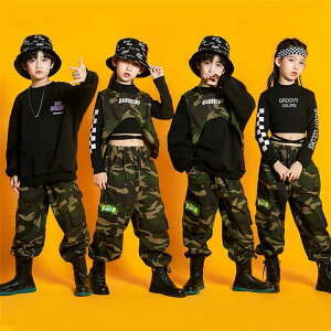 ヒップホッ スポーツウェア 衣装 ダンス おしゃれ 上下 子供服 韓国 パンツ ベスト 迷彩柄 長袖tシャツ トレーナー セットアップ