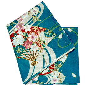 大判 ハンカチ 桜と扇子 ターコイスブルー 綿100％ 53cm x 53cm 日本製風呂敷 和風 和柄 日本 縁起物 日本の花 レディース コットンハンカチ お洒落 着物 浴衣 和装 バンダナ ミニ風呂敷 スカーフ お弁当包み ランチョンマット 女性用 桜 扇子 ハンカチーフ 送料無料
