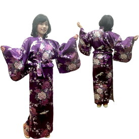 外国人向け着物 綿着物 日本の花と鶴 紫 簡単着物日本のおみやげ 日本のお土産 外国人向け着物 ホームステイのおみやげ 日本土産 着物ローブ 日本製 送料無料