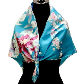 シルクスカーフ 蘭 ターコイスブルー シルク100%78cm x 78cm シルク スカーフ 和柄 花柄 和風 ラン 絹 日本製 絹製品 日本のおみやげ 日本のお土産 外国へのお土産 ホームステイのおみやげ 日本土産 日本製 made in Japan 送料無料