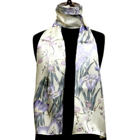 シルクストール ロングスカーフ 和柄 アヤメ 白 シルク100％高級 シルクスカーフ 絹のスカーフ 日本製 スカーフ シルク 高品質 お洒落 シルクサテン 光沢 和風 花柄 絹製品 ストール 贈り物 母の日 敬老の日 ホワイトデー プレゼント 日本のお土産 ホームステイのお土産