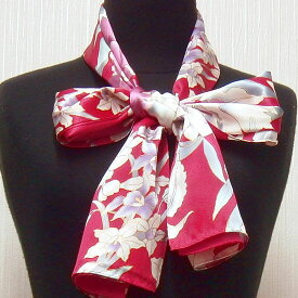 和柄シルクストール(ロングスカーフ) 蘭 赤シルクスカーフ 絹のスカーフ 日本製絹製品 ストール日本のおみやげ 日本のお土産 ホームステイのおみやげ