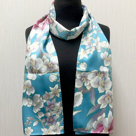和柄シルクストール(ロングスカーフ) 蘭 ターコイスシルクスカーフ 絹のスカーフ 日本製絹製品 ストール日本のおみやげ 日本のお土産 ホームステイのおみやげ