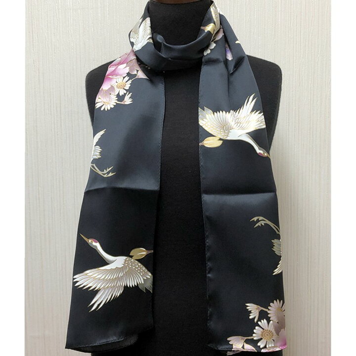 楽天市場】和柄シルクストール(ロングスカーフ) 鶴 黒シルクスカーフ 