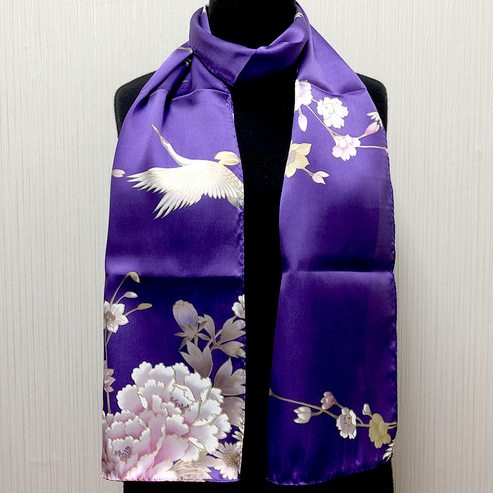 和柄シルクストール(ロングスカーフ) 鶴 紫シルクスカーフ 絹のスカーフ 日本製絹製品 ストール日本のおみやげ 日本のお土産 ホームステイのおみやげ  | ホームステイのおみやげ専門店