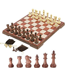 [マラソン期間中ポイント5倍]Kosun チェスセット マグネット式チェス 木目 折りたたみチェスボード 収納バッグ付き (S)