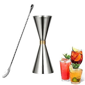 サムコス 30ml/45mlジガーカップ 2点セット 目盛り付き ダブルヘッド 計量カップ ステンレス鋼 ウイスキー 計量用 バースプーン30cm バー用品 バーテンダー エッセンシャル セット (タイプ1)