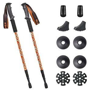 トレッキングポール 2本セット (オレンジ) トレッキングステッキ 登山 ストック アンチショック機能付 6061アルミ製 軽量300g 3段伸縮式 ウォーキングポール コンパクト お花見 付属品付き 男