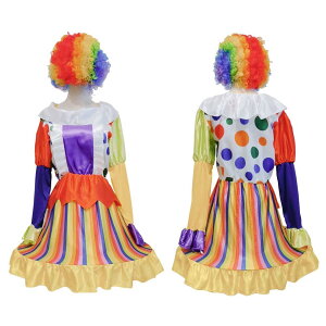 IRIWA レディース ピエロ コスチューム 道化師 女性 大人 ハロウィン Halloween クリスマス 仮装服 舞踏会 学園祭 コスプレ レインボーウィッグ ニーハイ付き (女性ピエロ)