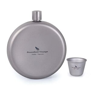 Boundless Voyage チタン製ヒップフラスコ 150ml 二重結構 お猪口 セット Titanium 超軽携帯スキットル ウイスキー 清酒ボトル 錆びない 漏斗付き ((丸,150ml+お猪口×1個) Ti3066D)