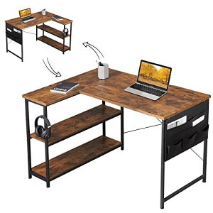 YeTom l字デスク ゲーミングデスク デスク 幅120cm pcデスク コーナーデスク 棚板高さ調節可能 収納袋付き L字型 PC 勉強机 作業 在宅勤務 リモートワーク ゲーム 書斎 収納ラック付き ビンテージ