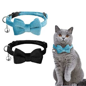 猫首輪 2個セット猫用 首輪 子犬 リボン付き 鈴付き 調整可能 可愛い 軽量 ペット首輪 セーフティバックル付 (Sサイズ (x 2), ベルベット生地 ブルー+ブラック)